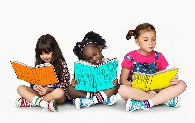 children-girlfriends-reading-boo